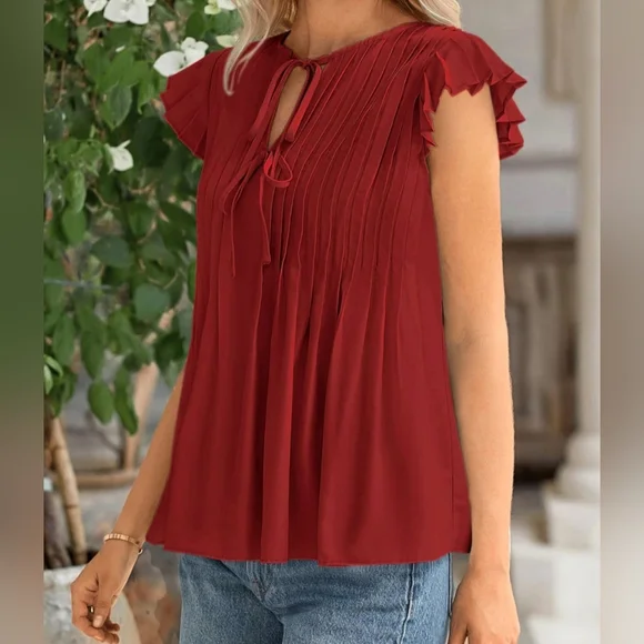 Chic Red Women's Top With Flutter Sleeve- NWT - Picture 2 of 4